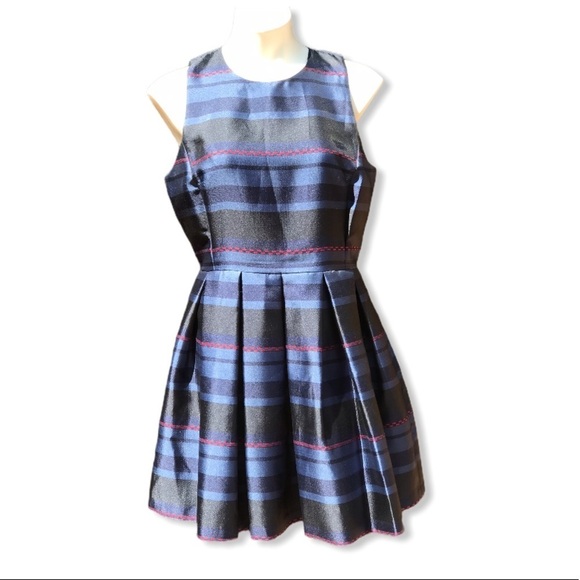Armani Exchange Peplum Cocktail Dress Blue Stripe Taffeta Fit + Flare Size 12 - Picture 1 of 8